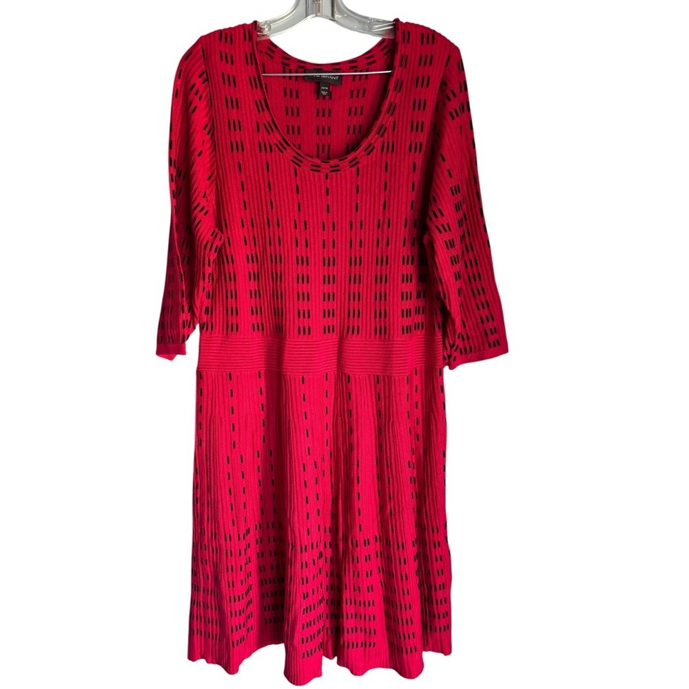 Lane Bryant 22/24 Red Black Rib Knit Sweater Dress 3/4 Sleeve Stretch Midi